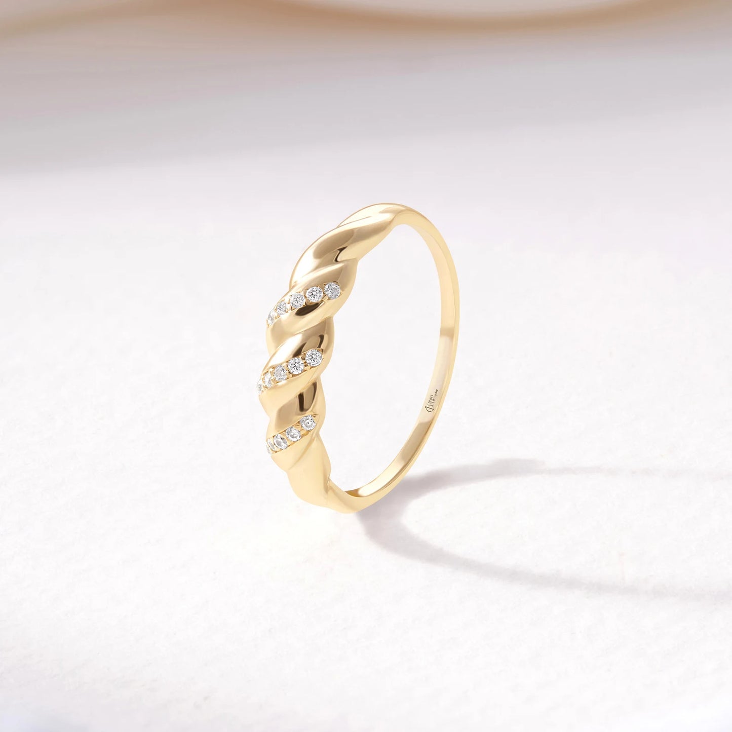 Croissant Dome Cluster Diamond Statement Ring, 14K Solid Gold Ribbed Signet Ring Moissanite Twisted Rope Wedding Band