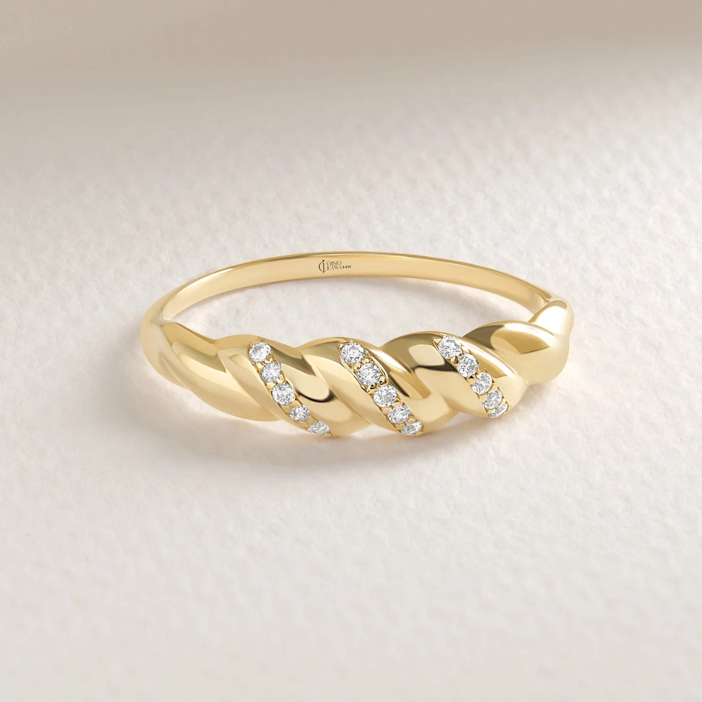 Croissant Dome Cluster Diamond Statement Ring, 14K Solid Gold Ribbed Signet Ring Moissanite Twisted Rope Wedding Band