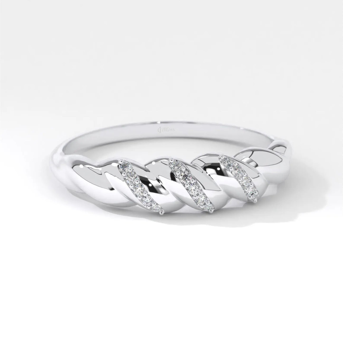Croissant Dome Cluster Diamond Statement Ring, 14K Solid Gold Ribbed Signet Ring Moissanite Twisted Rope Wedding Band