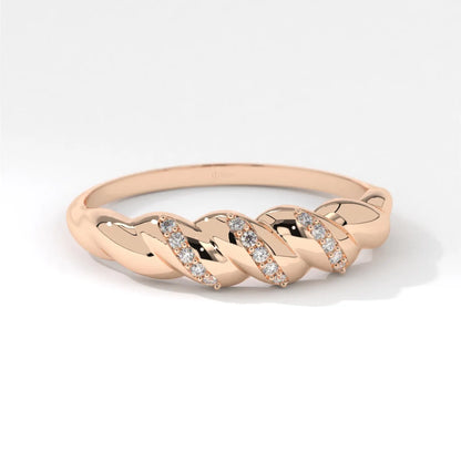Croissant Dome Cluster Diamond Statement Ring, 14K Solid Gold Ribbed Signet Ring Moissanite Twisted Rope Wedding Band