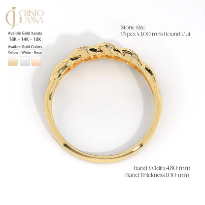 Croissant Dome Cluster Diamond Statement Ring, 14K Solid Gold Ribbed Signet Ring Moissanite Twisted Rope Wedding Band