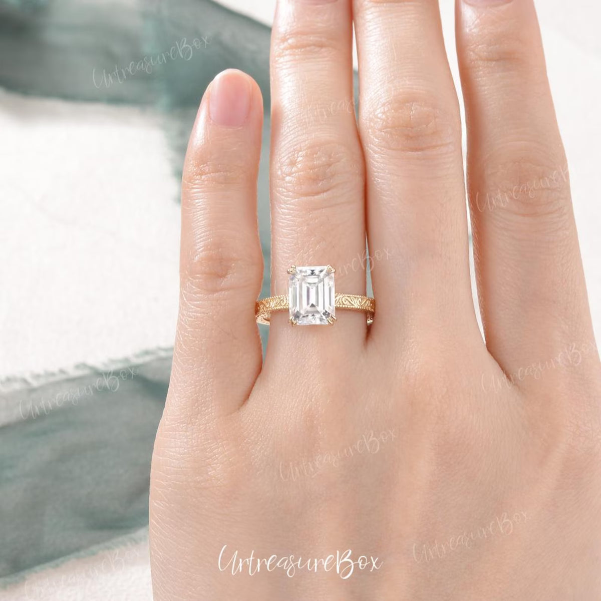 Engraved 2.5ct Emerald Cut Moissanite Engagement Ring Yellow Gold Victorian Wedding Ring Hidden Halo Promise Ring Vintage Art Deco Ring