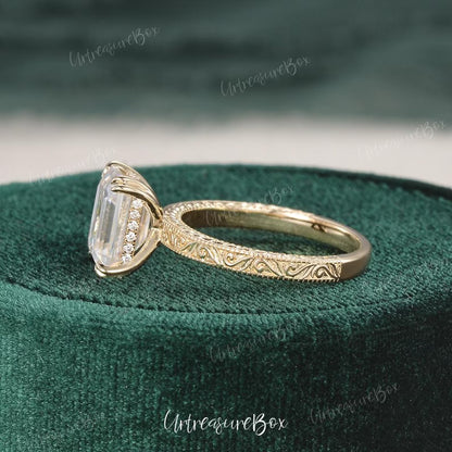 Engraved 2.5ct Emerald Cut Moissanite Engagement Ring Yellow Gold Victorian Wedding Ring Hidden Halo Promise Ring Vintage Art Deco Ring