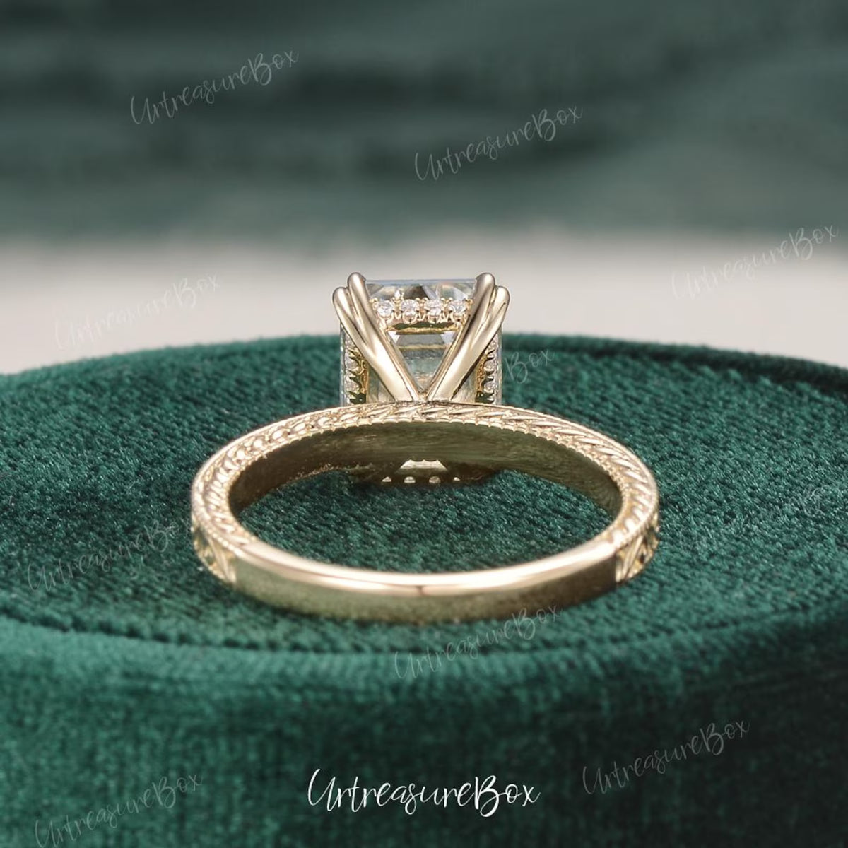 Engraved 2.5ct Emerald Cut Moissanite Engagement Ring Yellow Gold Victorian Wedding Ring Hidden Halo Promise Ring Vintage Art Deco Ring
