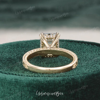 Engraved 2.5ct Emerald Cut Moissanite Engagement Ring Yellow Gold Victorian Wedding Ring Hidden Halo Promise Ring Vintage Art Deco Ring