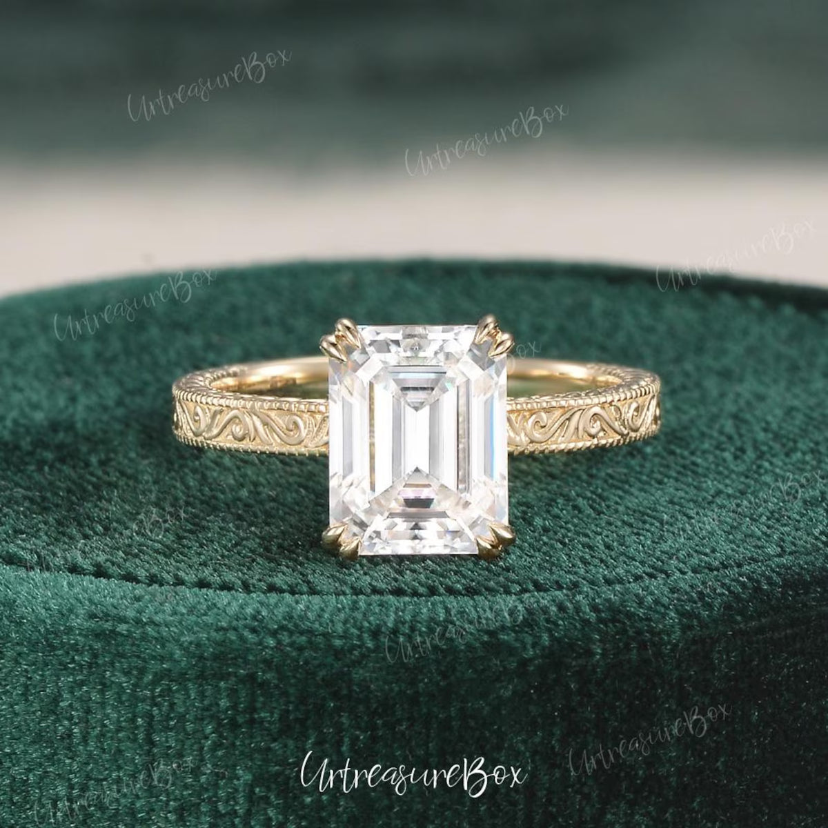 Engraved 2.5ct Emerald Cut Moissanite Engagement Ring Yellow Gold Victorian Wedding Ring Hidden Halo Promise Ring Vintage Art Deco Ring
