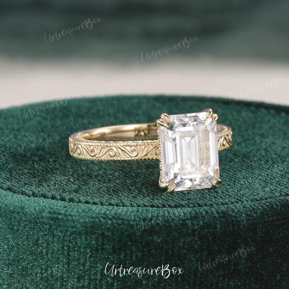 Engraved 2.5ct Emerald Cut Moissanite Engagement Ring Yellow Gold Victorian Wedding Ring Hidden Halo Promise Ring Vintage Art Deco Ring