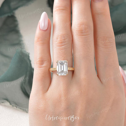 Engraved 2.5ct Emerald Cut Moissanite Engagement Ring Yellow Gold Victorian Wedding Ring Hidden Halo Promise Ring Vintage Art Deco Ring