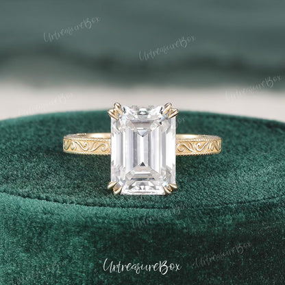 Engraved 2.5ct Emerald Cut Moissanite Engagement Ring Yellow Gold Victorian Wedding Ring Hidden Halo Promise Ring Vintage Art Deco Ring