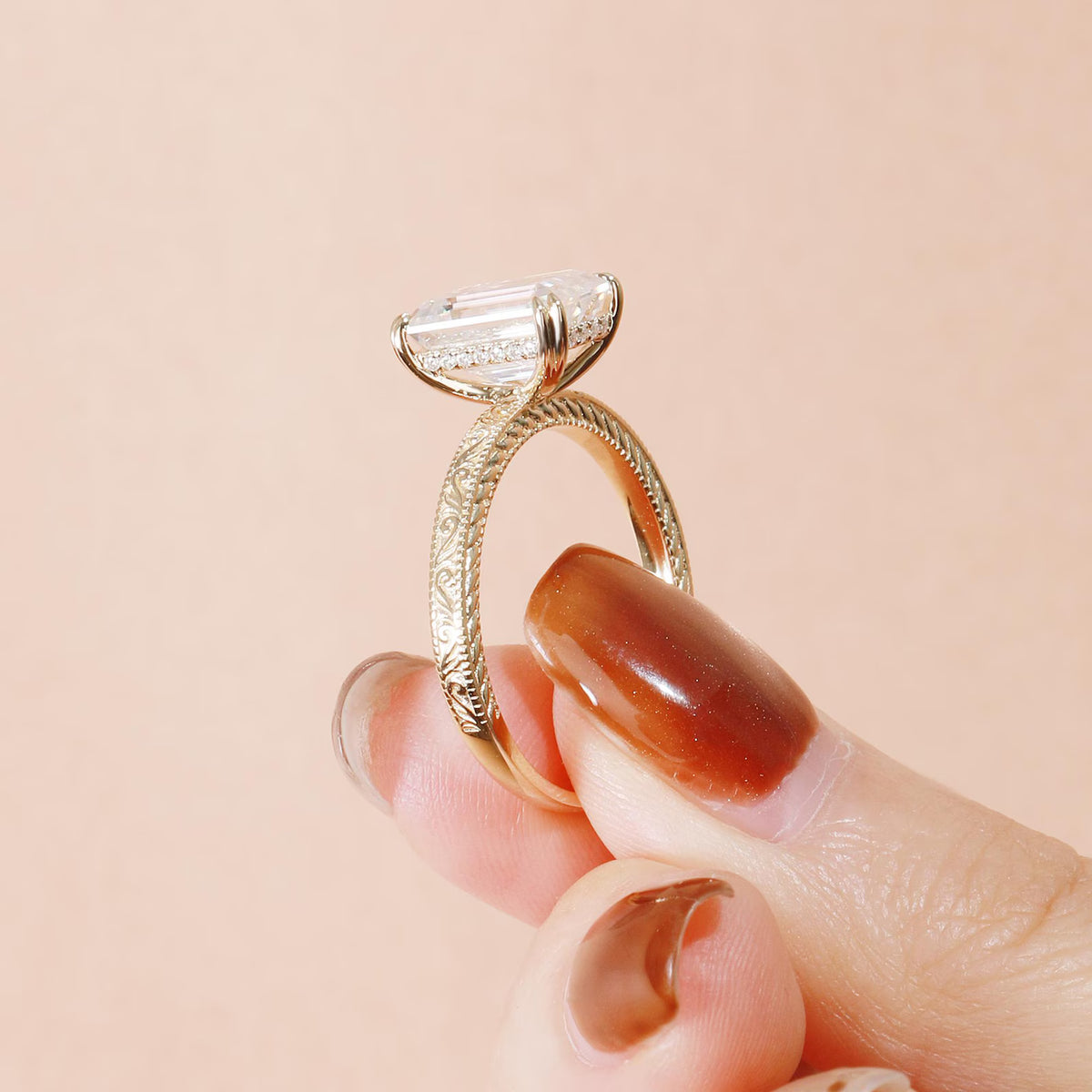 Engraved 2.5ct Emerald Cut Moissanite Engagement Ring Yellow Gold Victorian Wedding Ring Hidden Halo Promise Ring Vintage Art Deco Ring