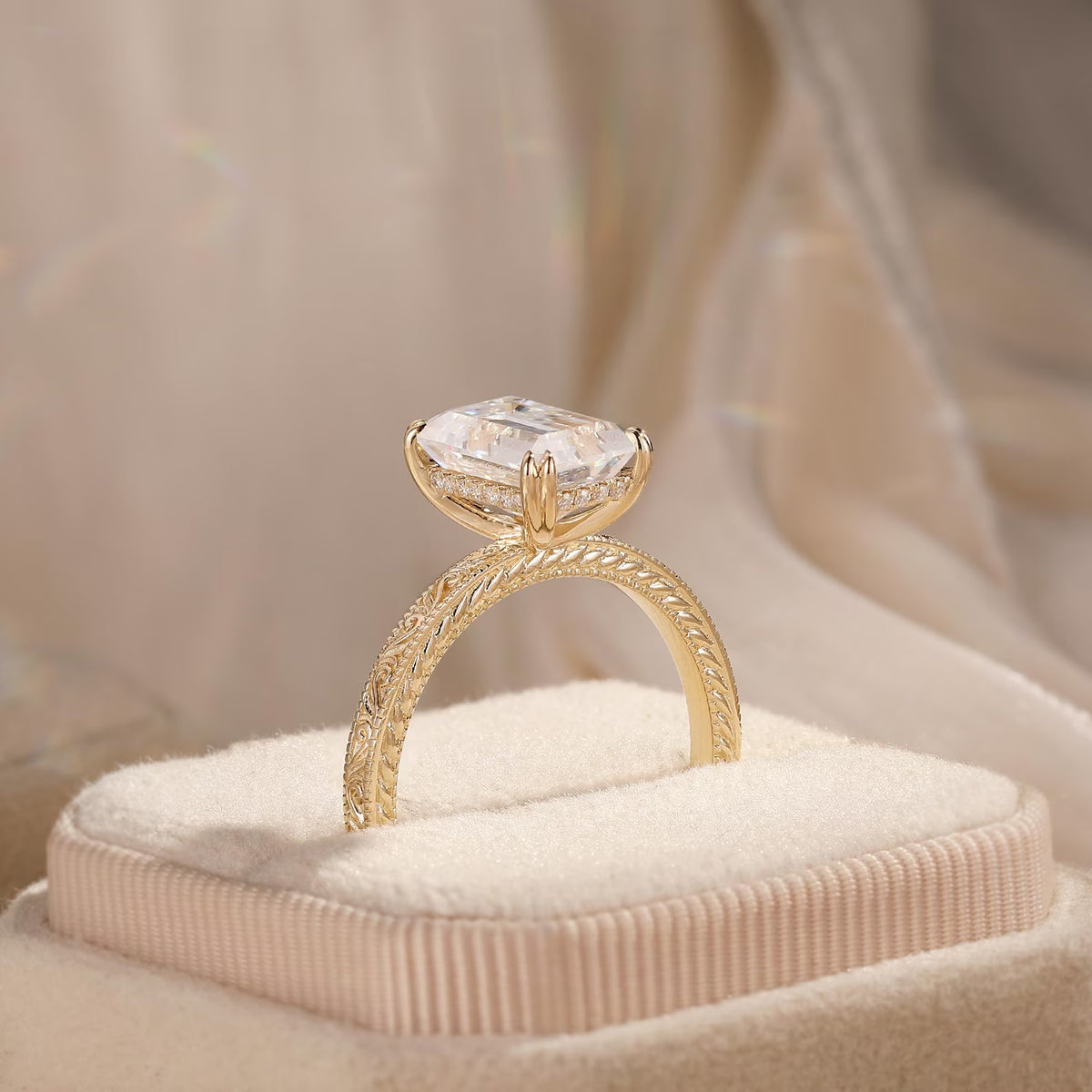 Engraved 2.5ct Emerald Cut Moissanite Engagement Ring Yellow Gold Victorian Wedding Ring Hidden Halo Promise Ring Vintage Art Deco Ring