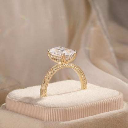Engraved 2.5ct Emerald Cut Moissanite Engagement Ring Yellow Gold Victorian Wedding Ring Hidden Halo Promise Ring Vintage Art Deco Ring