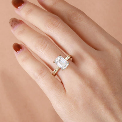Engraved 2.5ct Emerald Cut Moissanite Engagement Ring Yellow Gold Victorian Wedding Ring Hidden Halo Promise Ring Vintage Art Deco Ring