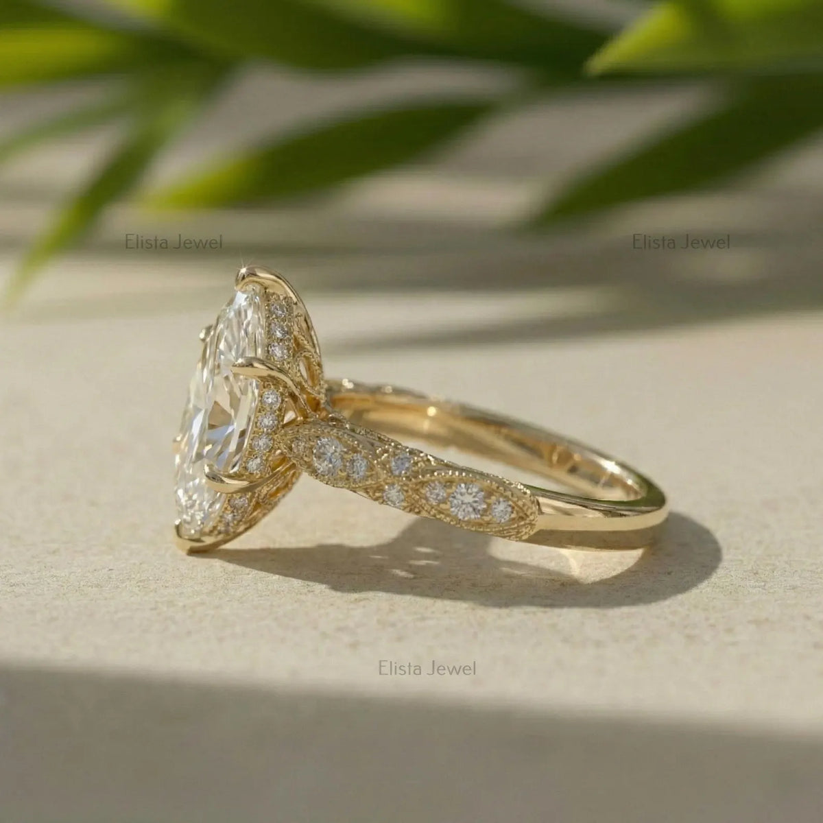 Marquise Lab Grown Diamond Ring, 14K Yellow Gold Vintage Engagement Ring With Milgrain Details