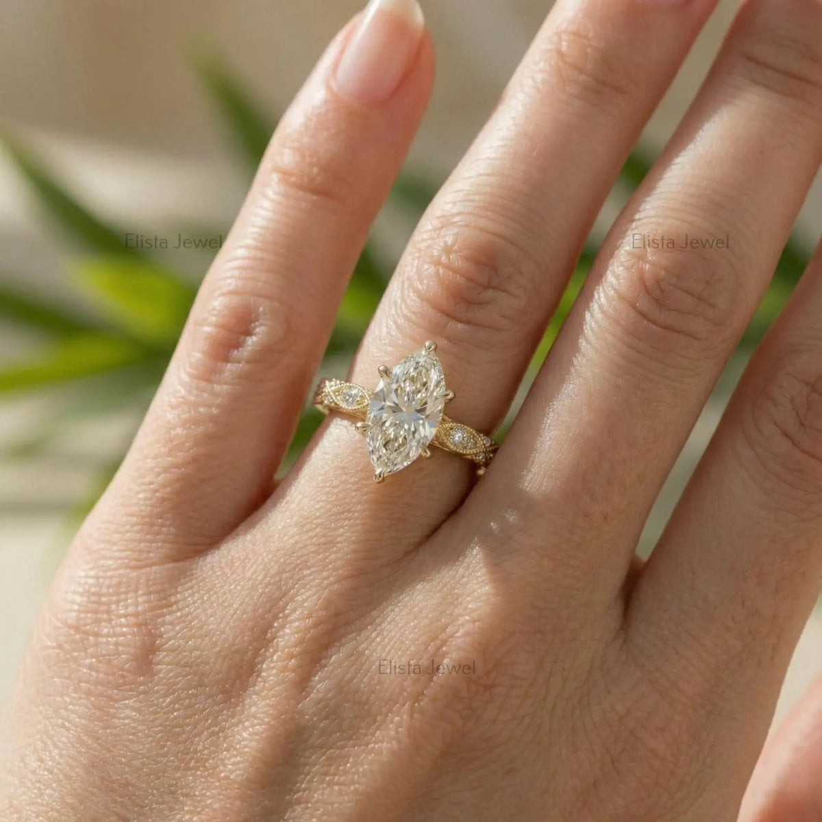 Marquise Lab Grown Diamond Ring, 14K Yellow Gold Vintage Engagement Ring With Milgrain Details