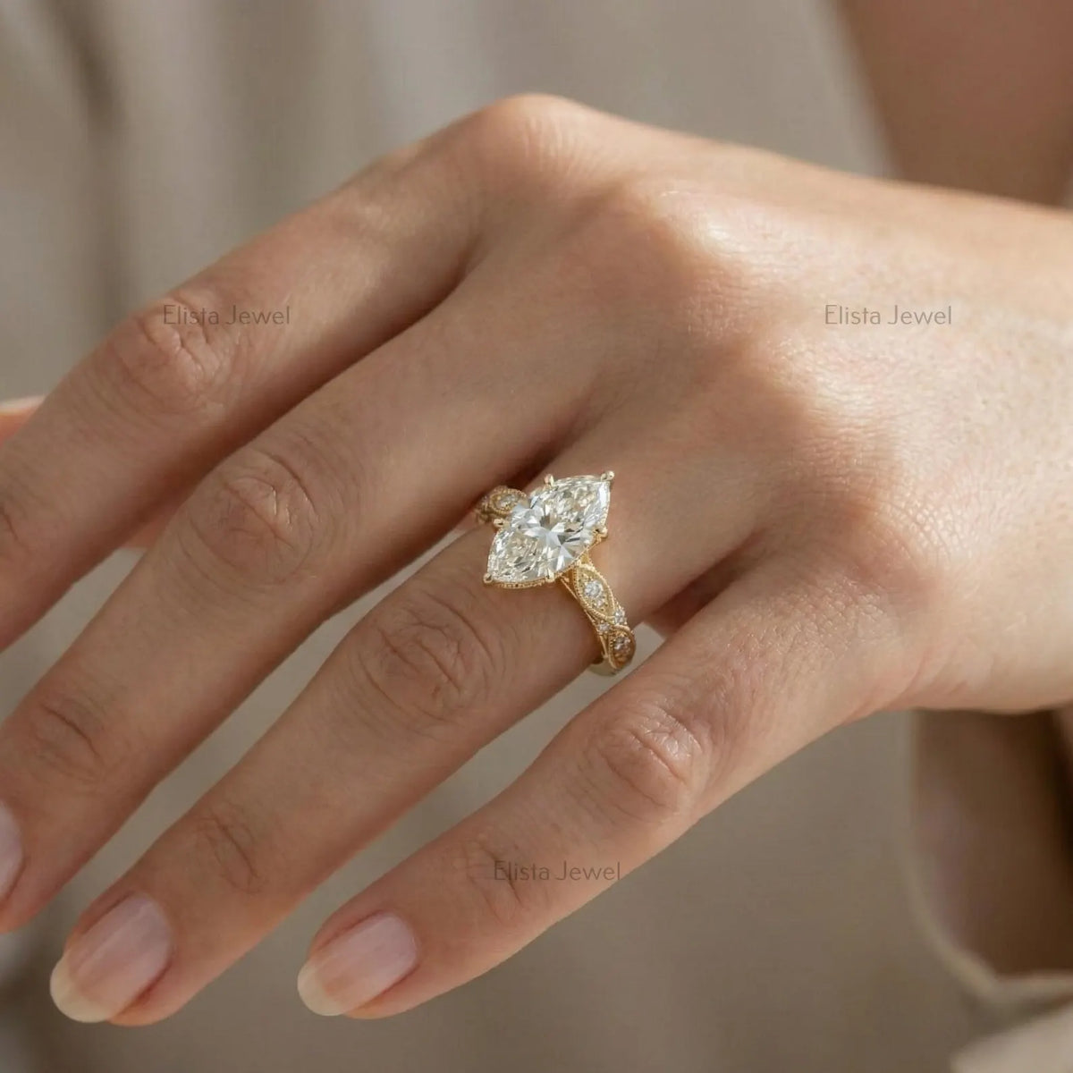 Marquise Lab Grown Diamond Ring, 14K Yellow Gold Vintage Engagement Ring With Milgrain Details