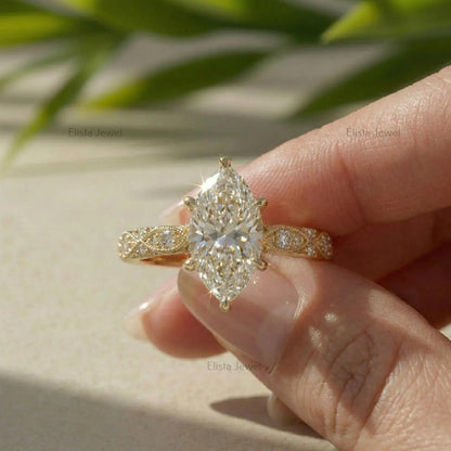 Marquise Lab Grown Diamond Ring, 14K Yellow Gold Vintage Engagement Ring With Milgrain Details