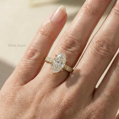 Marquise Lab Grown Diamond Ring, 14K Yellow Gold Vintage Engagement Ring With Milgrain Details