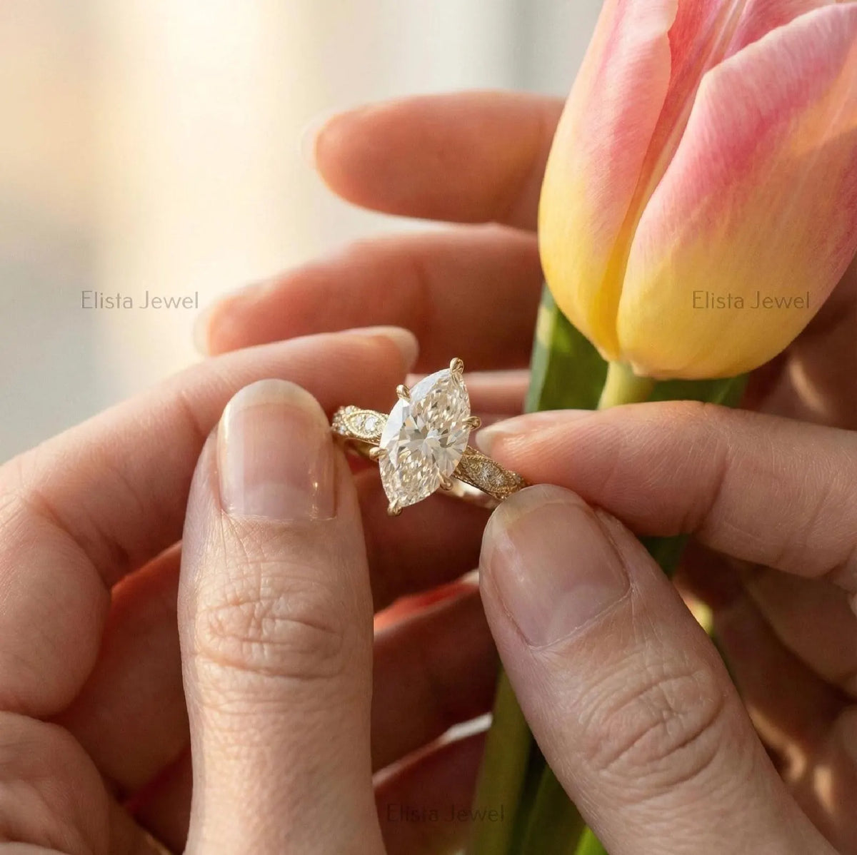 Marquise Lab Grown Diamond Ring, 14K Yellow Gold Vintage Engagement Ring With Milgrain Details