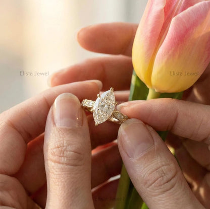 Marquise Lab Grown Diamond Ring, 14K Yellow Gold Vintage Engagement Ring With Milgrain Details
