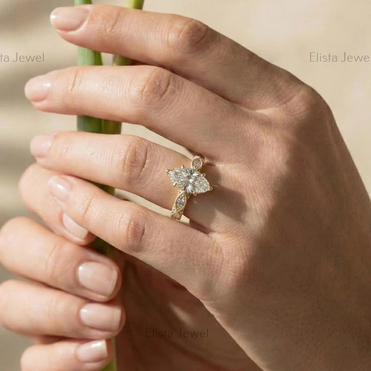Marquise Lab Grown Diamond Ring, 14K Yellow Gold Vintage Engagement Ring With Milgrain Details