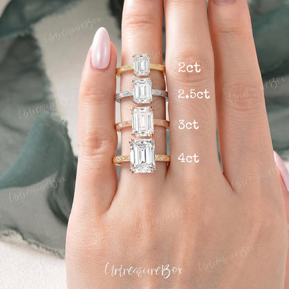 Engraved 2.5ct Emerald Cut Moissanite Engagement Ring Yellow Gold Victorian Wedding Ring Hidden Halo Promise Ring Vintage Art Deco Ring