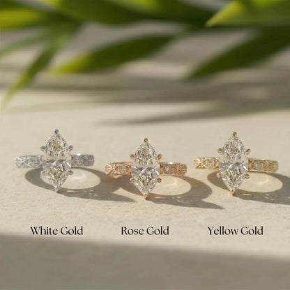 Marquise Lab Grown Diamond Ring, 14K Yellow Gold Vintage Engagement Ring With Milgrain Details