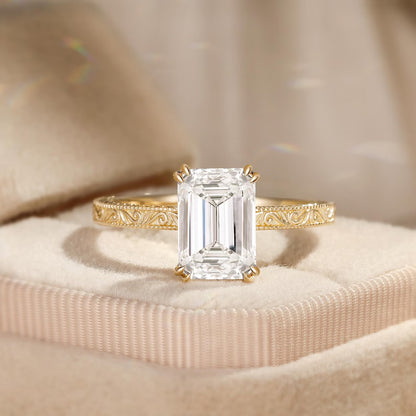 Engraved 2.5ct Emerald Cut Moissanite Engagement Ring Yellow Gold Victorian Wedding Ring Hidden Halo Promise Ring Vintage Art Deco Ring