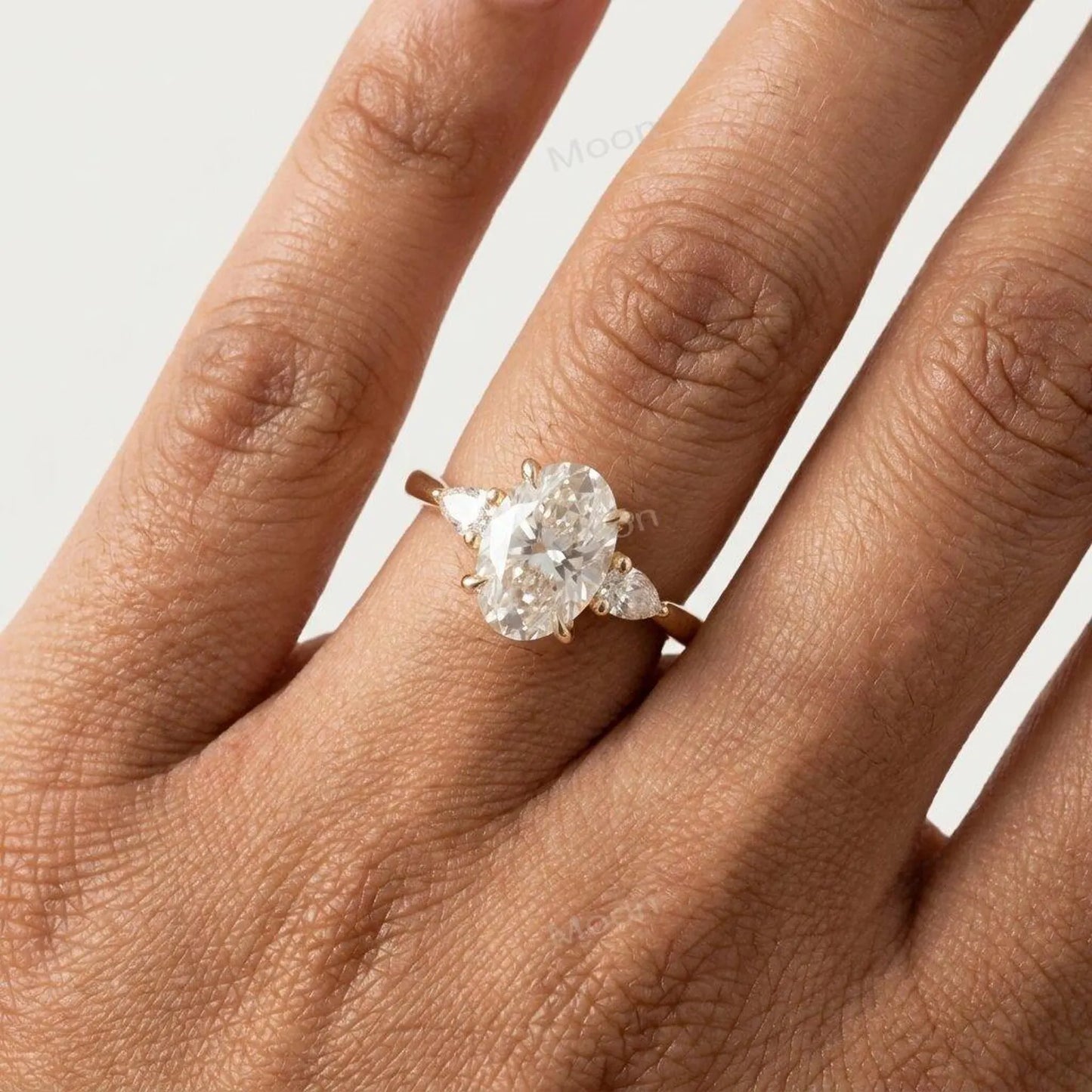 2.5ct Oval Cut Moissanite Ring, Petite Three Stone Engagement Ring, 14K Solid Gold Dainty Minimalist Jewelry, Pear Side Stone Promise Gift