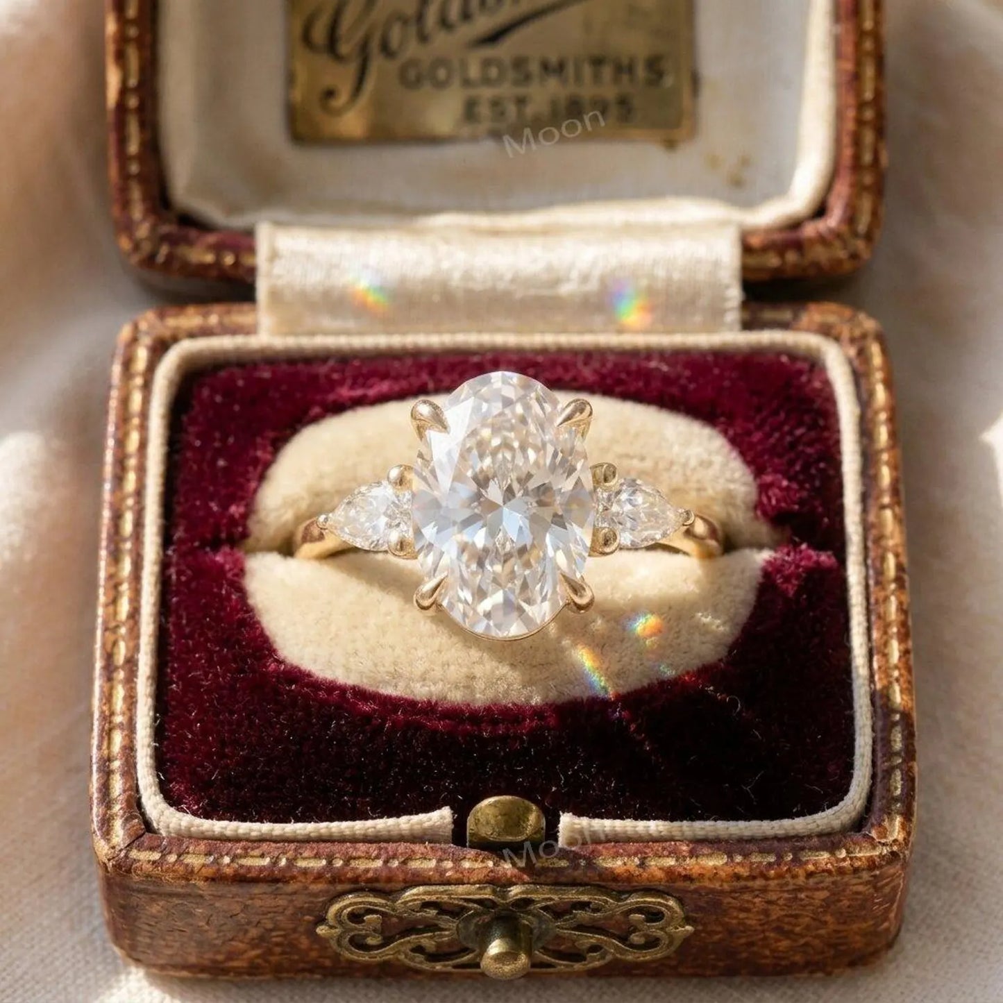 2.5ct Oval Cut Moissanite Ring, Petite Three Stone Engagement Ring, 14K Solid Gold Dainty Minimalist Jewelry, Pear Side Stone Promise Gift