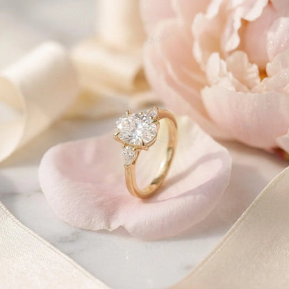 2.5ct Oval Cut Moissanite Ring, Petite Three Stone Engagement Ring, 14K Solid Gold Dainty Minimalist Jewelry, Pear Side Stone Promise Gift