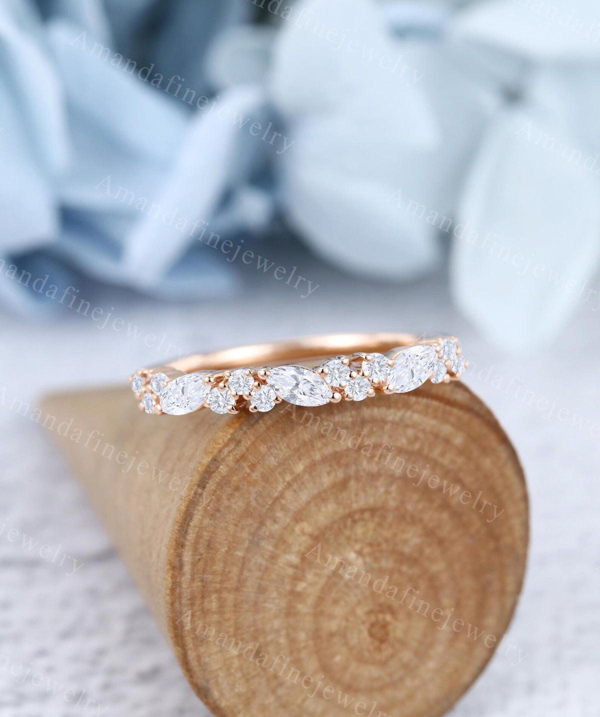 Lab Grown Diamond wedding band Unique Rose gold wedding band Marquise cut Lab diamond Vintage Half eternity Matching Ring Anniversary gift