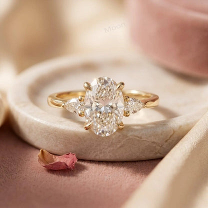 2.5ct Oval Cut Moissanite Ring, Petite Three Stone Engagement Ring, 14K Solid Gold Dainty Minimalist Jewelry, Pear Side Stone Promise Gift