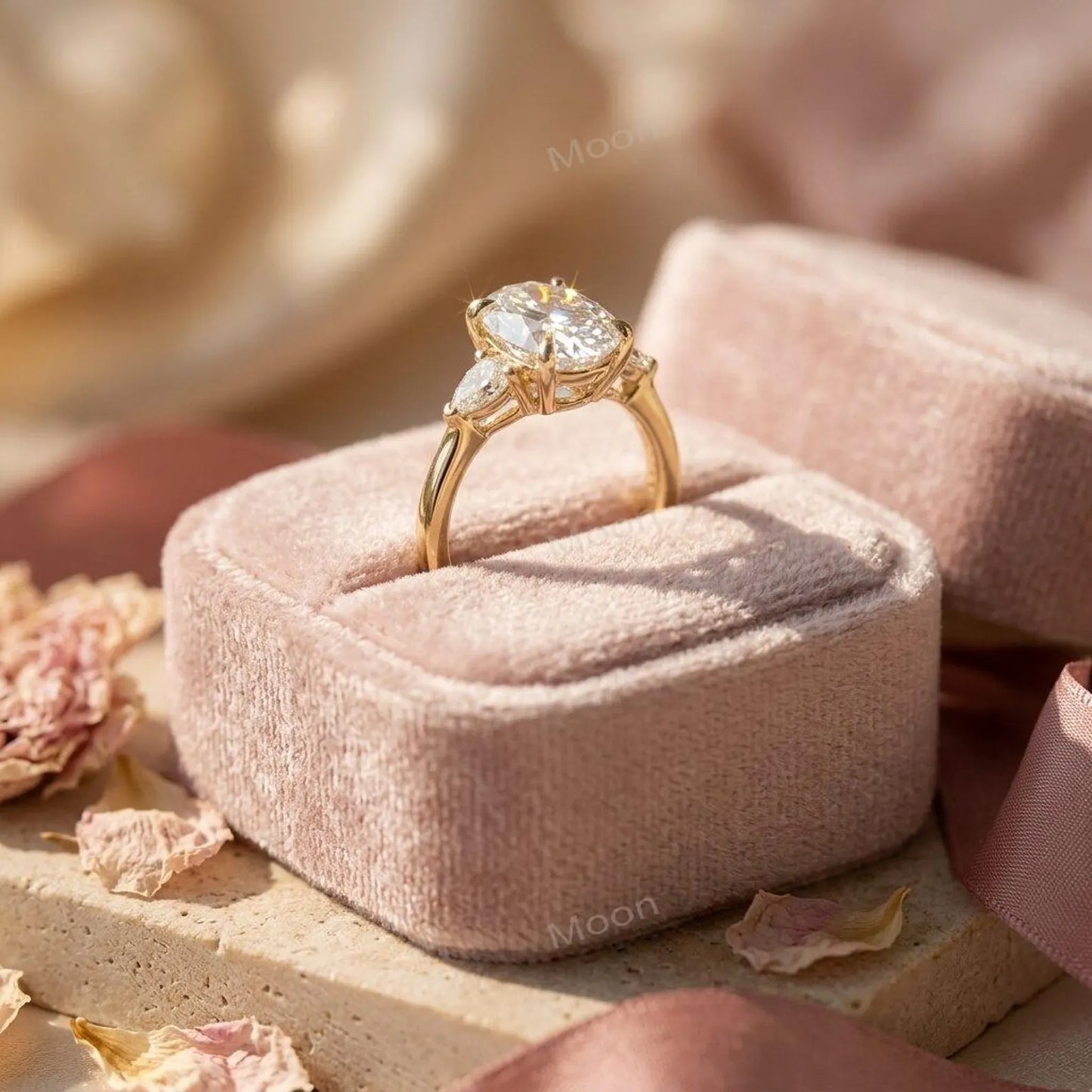 2.5ct Oval Cut Moissanite Ring, Petite Three Stone Engagement Ring, 14K Solid Gold Dainty Minimalist Jewelry, Pear Side Stone Promise Gift