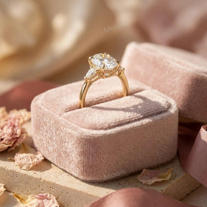 2.5ct Oval Cut Moissanite Ring, Petite Three Stone Engagement Ring, 14K Solid Gold Dainty Minimalist Jewelry, Pear Side Stone Promise Gift