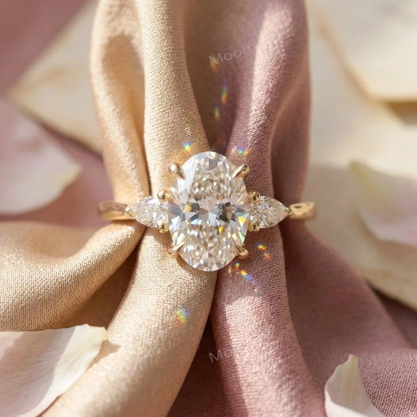 2.5ct Oval Cut Moissanite Ring, Petite Three Stone Engagement Ring, 14K Solid Gold Dainty Minimalist Jewelry, Pear Side Stone Promise Gift