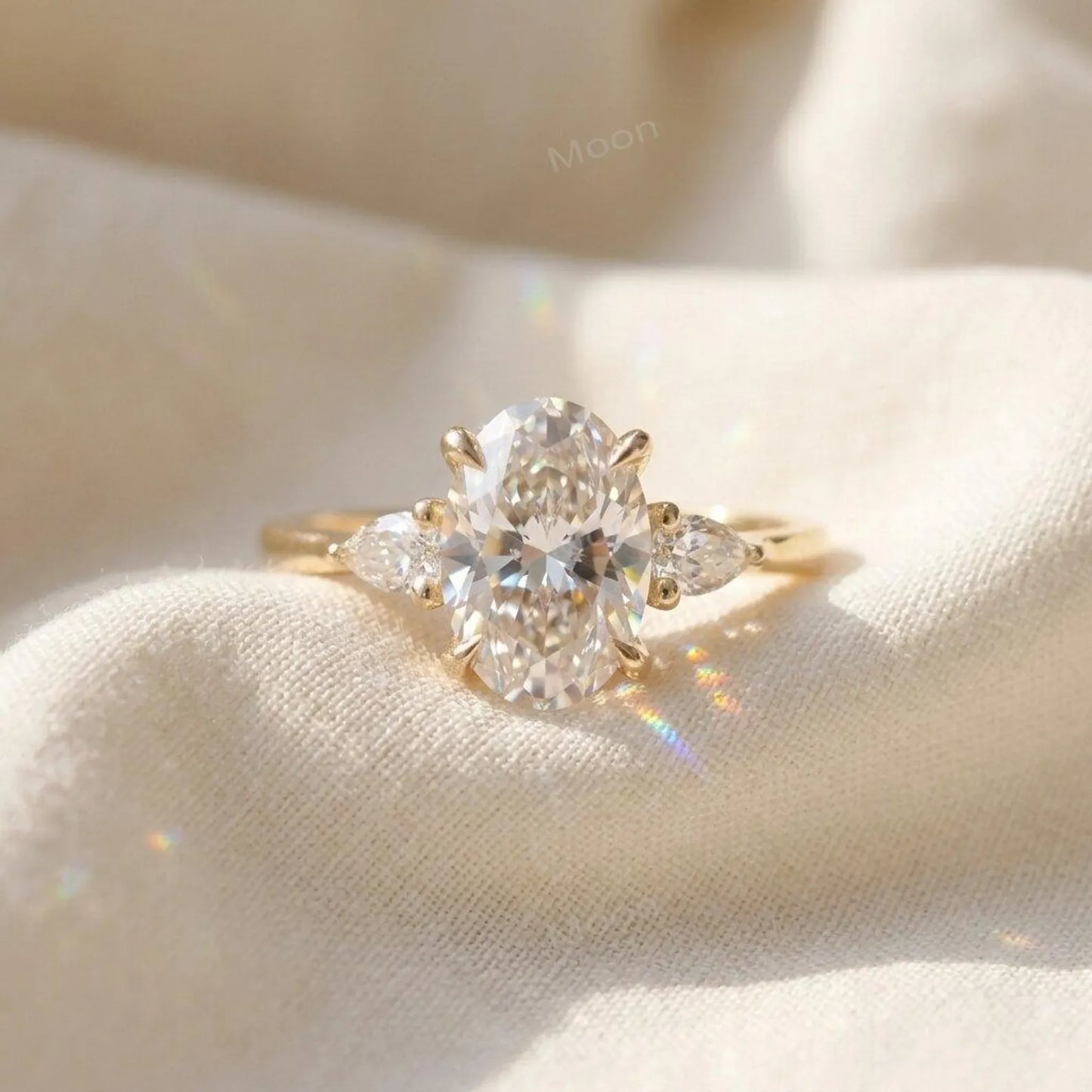 2.5ct Oval Cut Moissanite Ring, Petite Three Stone Engagement Ring, 14K Solid Gold Dainty Minimalist Jewelry, Pear Side Stone Promise Gift