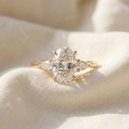 2.5ct Oval Cut Moissanite Ring, Petite Three Stone Engagement Ring, 14K Solid Gold Dainty Minimalist Jewelry, Pear Side Stone Promise Gift