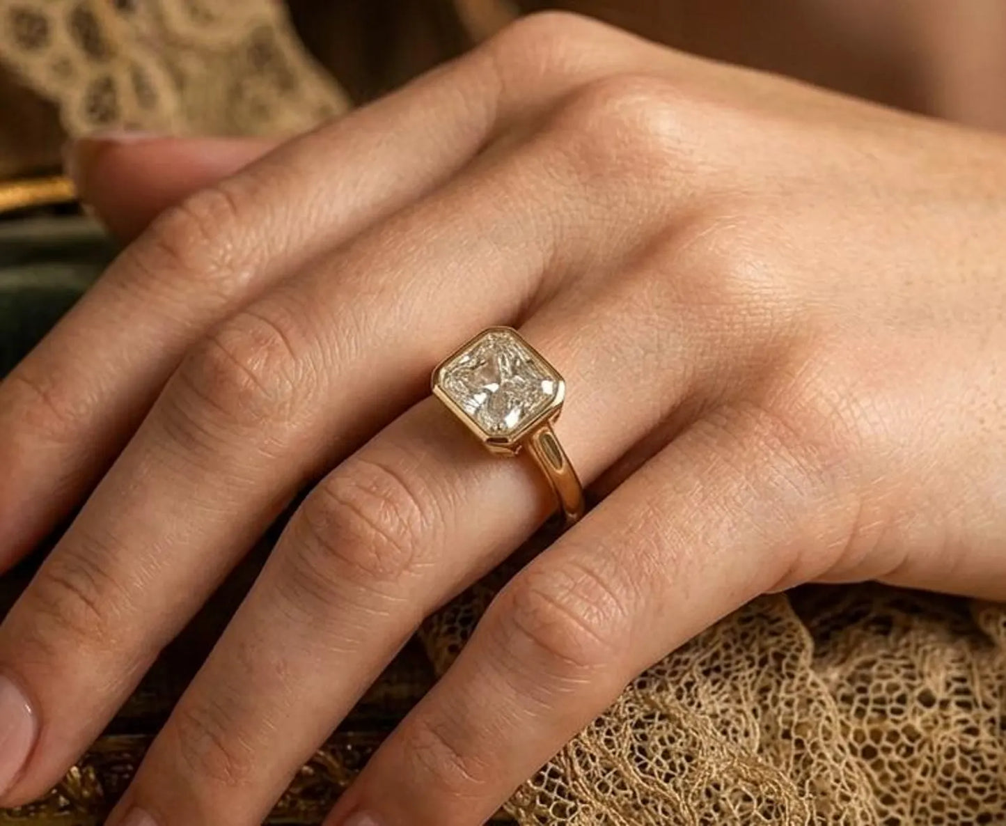East West Radiant Cut Moissanite Engagement Ring, Bezel Set Radiant Moissanite Ring, 14K Yellow Gold ,Vintage Style Solitaire Luxury Ring