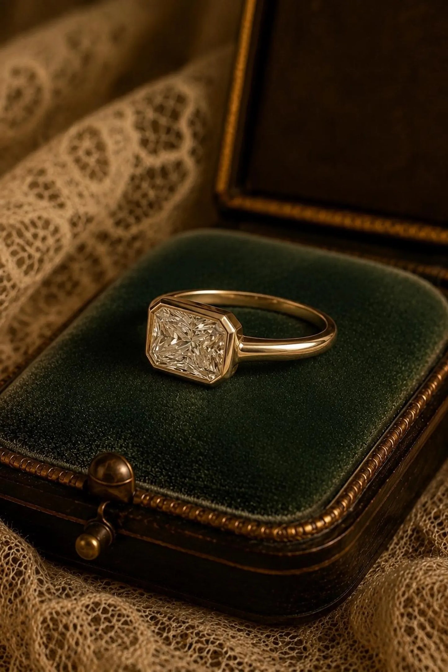 East West Radiant Cut Moissanite Engagement Ring, Bezel Set Radiant Moissanite Ring, 14K Yellow Gold ,Vintage Style Solitaire Luxury Ring