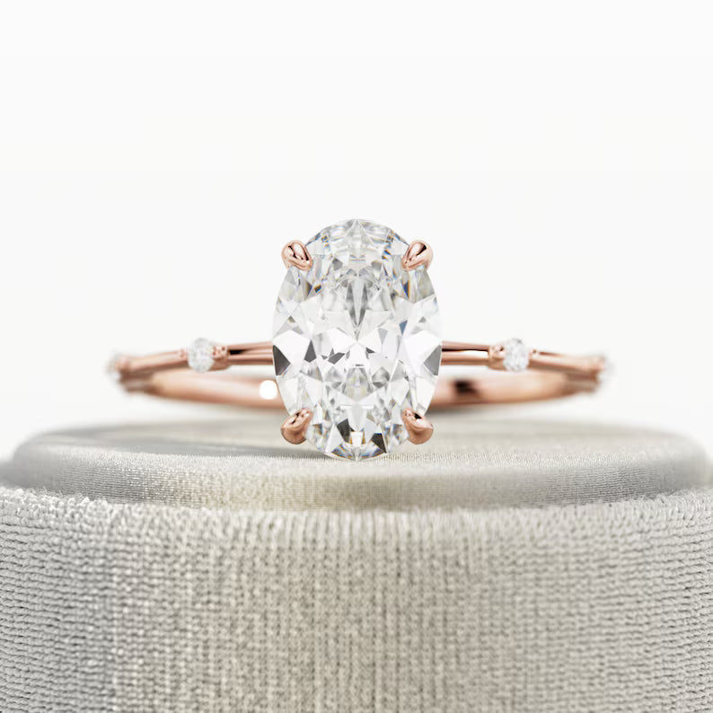 2 Carat Elongated Oval Diamond Nature Inspired THIN Engagement Ring in Yellow Gold