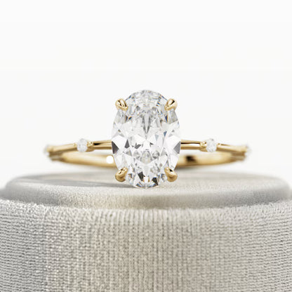 2 Carat Elongated Oval Diamond Nature Inspired THIN Engagement Ring in Yellow Gold