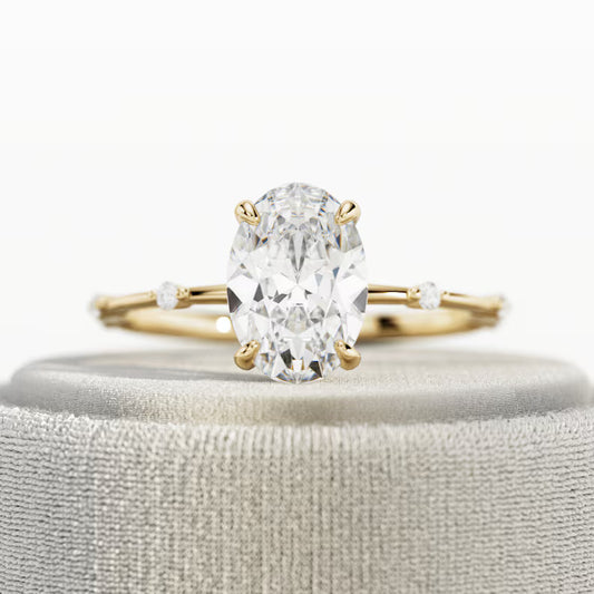 2 Carat Elongated Oval Diamond Nature Inspired THIN Engagement Ring in Yellow Gold