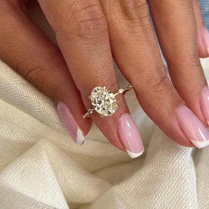 2 Carat Elongated Oval Diamond Nature Inspired THIN Engagement Ring in Yellow Gold