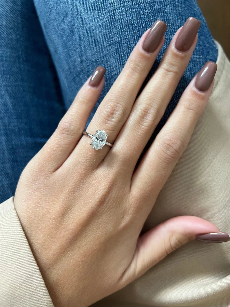 Oval Lab Grown Diamond Engagement Ring, Low Profile Solitaire Ring, Handmade Fine Jewelry, Minimalist Solid Gold Ring
