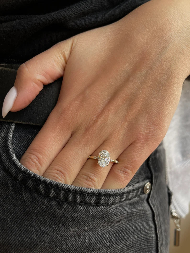 POPULAR STYLE D Color VVS2 Clarity Oval Cut Lab Grown Diamond Thin Dainty Solitaire Engagement Ring, Side Rounds 14k Gold