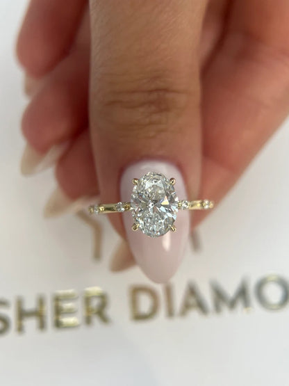 POPULAR STYLE D Color VVS2 Clarity Oval Cut Lab Grown Diamond Thin Dainty Solitaire Engagement Ring, Side Rounds 14k Gold
