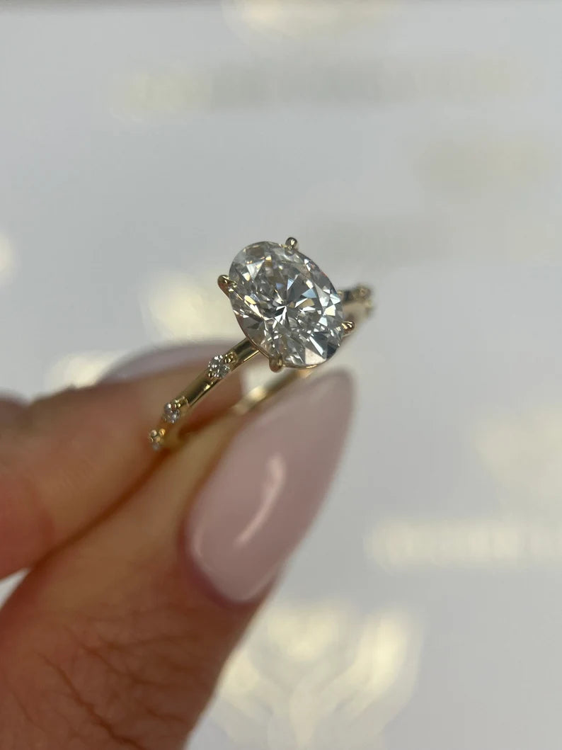 POPULAR STYLE D Color VVS2 Clarity Oval Cut Lab Grown Diamond Thin Dainty Solitaire Engagement Ring, Side Rounds 14k Gold