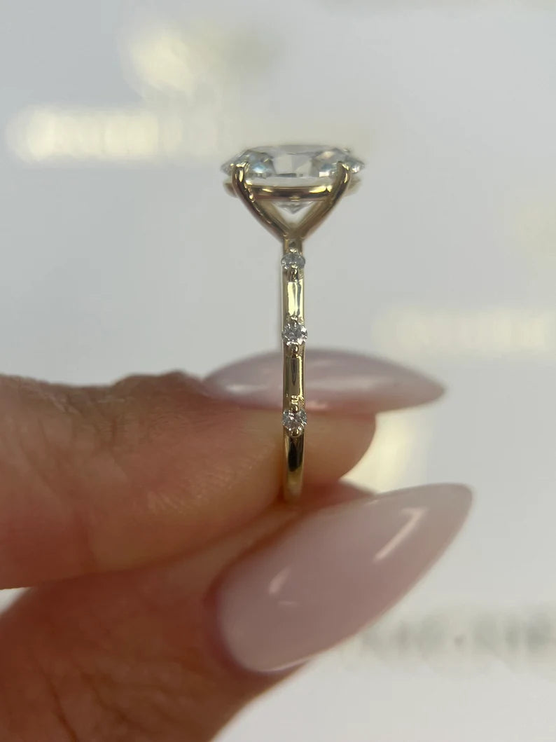 POPULAR STYLE D Color VVS2 Clarity Oval Cut Lab Grown Diamond Thin Dainty Solitaire Engagement Ring, Side Rounds 14k Gold