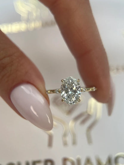 POPULAR STYLE D Color VVS2 Clarity Oval Cut Lab Grown Diamond Thin Dainty Solitaire Engagement Ring, Side Rounds 14k Gold